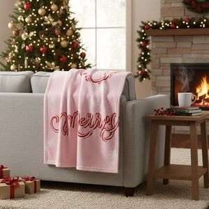 Soft Pink "Merry" Script Fleece Throw Blanket